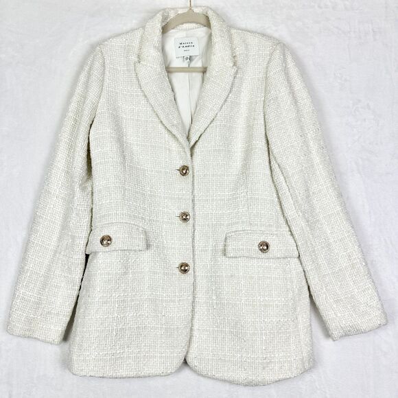 Maison d'Amelie Tweed Blazer Size Medium Cream Gold Buttons Classic Preppy - Picture 1 of 5
